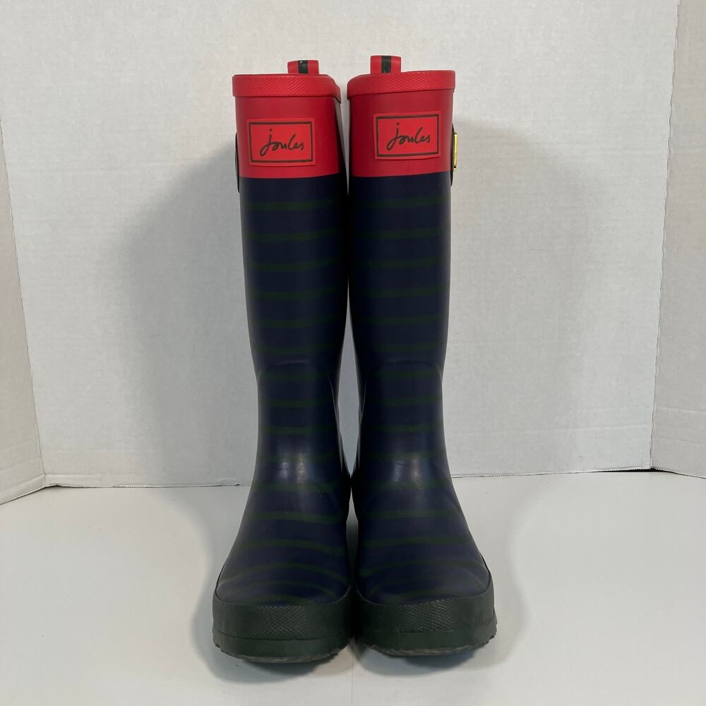 Joules Sz 7 Tall Welly Print Rain Boots Navy & Green Stripe Gold Buckle - Picture 4 of 16